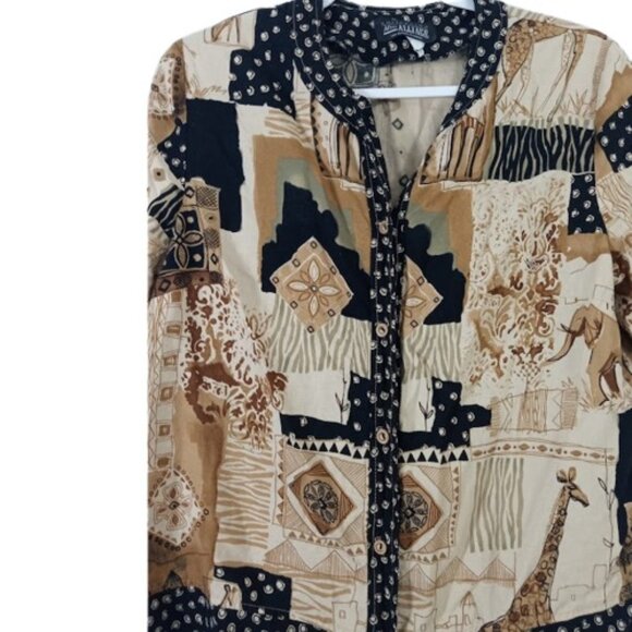 Vintage Miss Alliage Womens Button Up Shirt Khaki Black Safari Linen Blend 16 - Picture 2 of 4